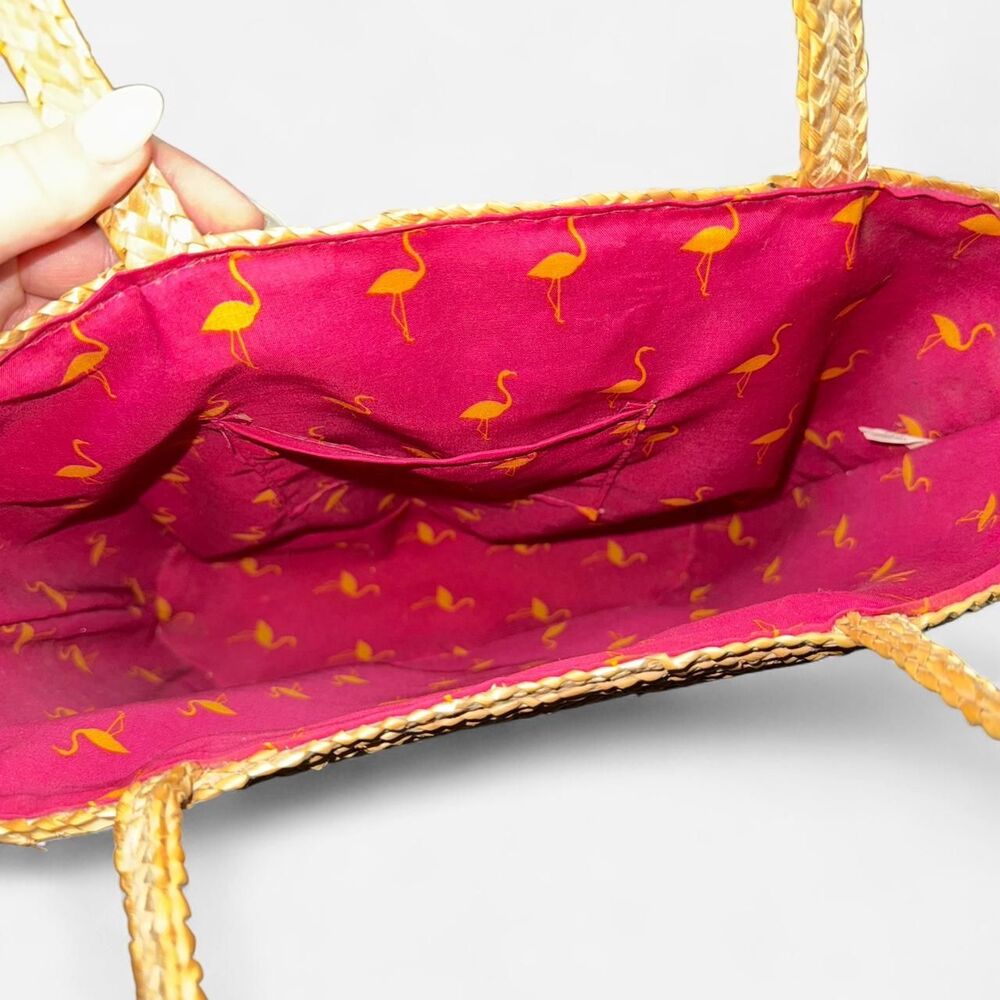 Tan Woven Straw Beach Bag Tote with Pink Flamingo Interior Lining - Picture 3 of 7